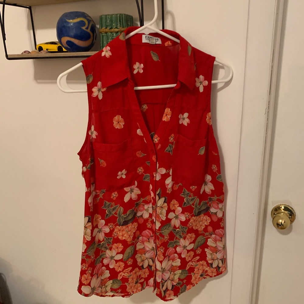 Red Floral Sleeveless Blouse